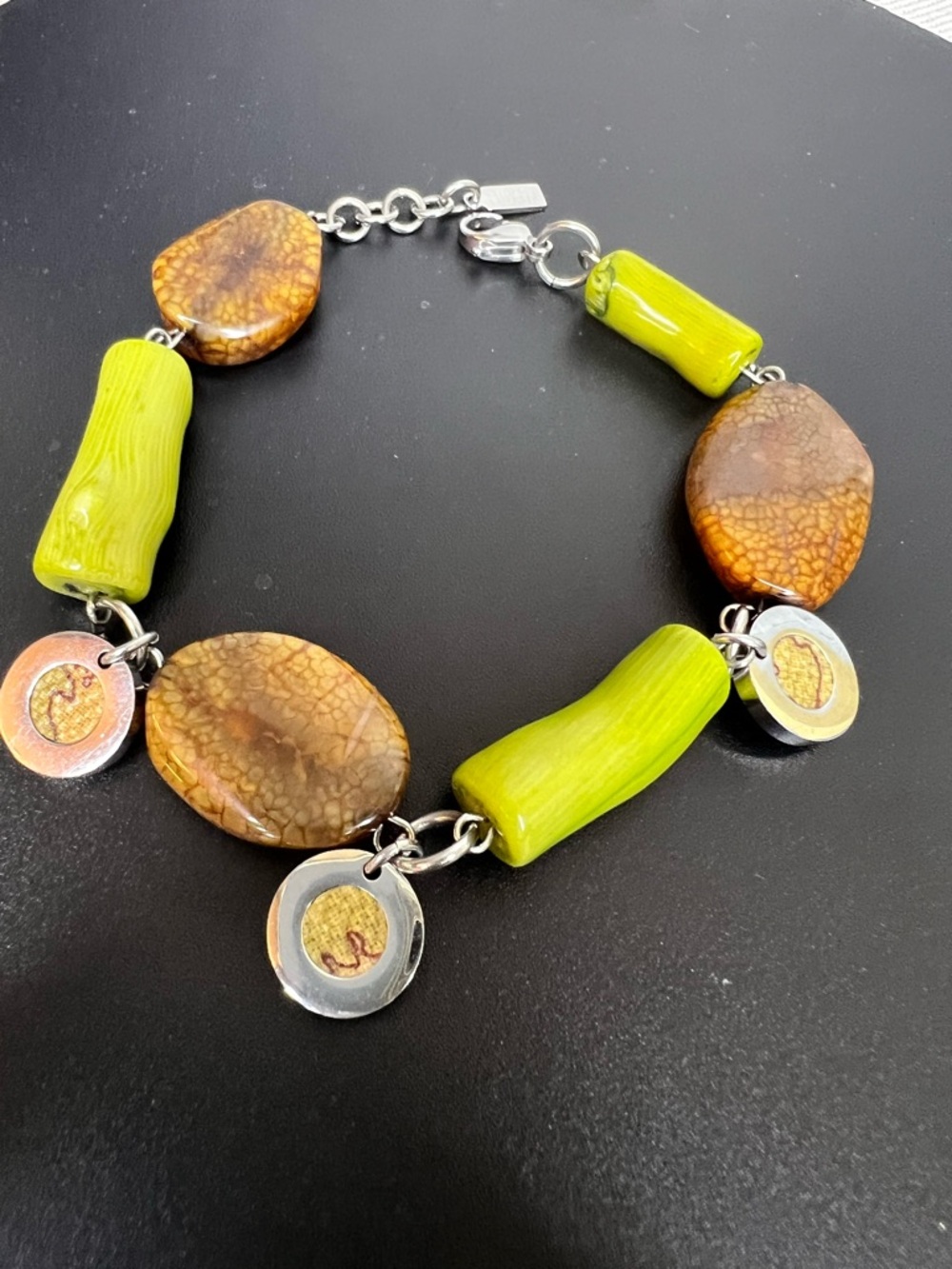 ALVIERO MARTINI  Lime Green and Brown Genuine Stone ITALIAN Charm Bracelet